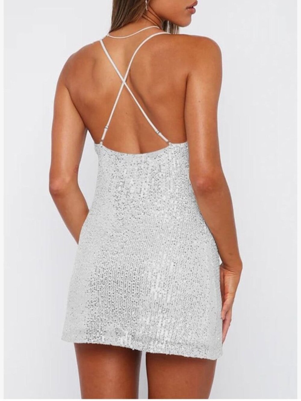 Sexy White Sequin Bodycon Backless Dress size S